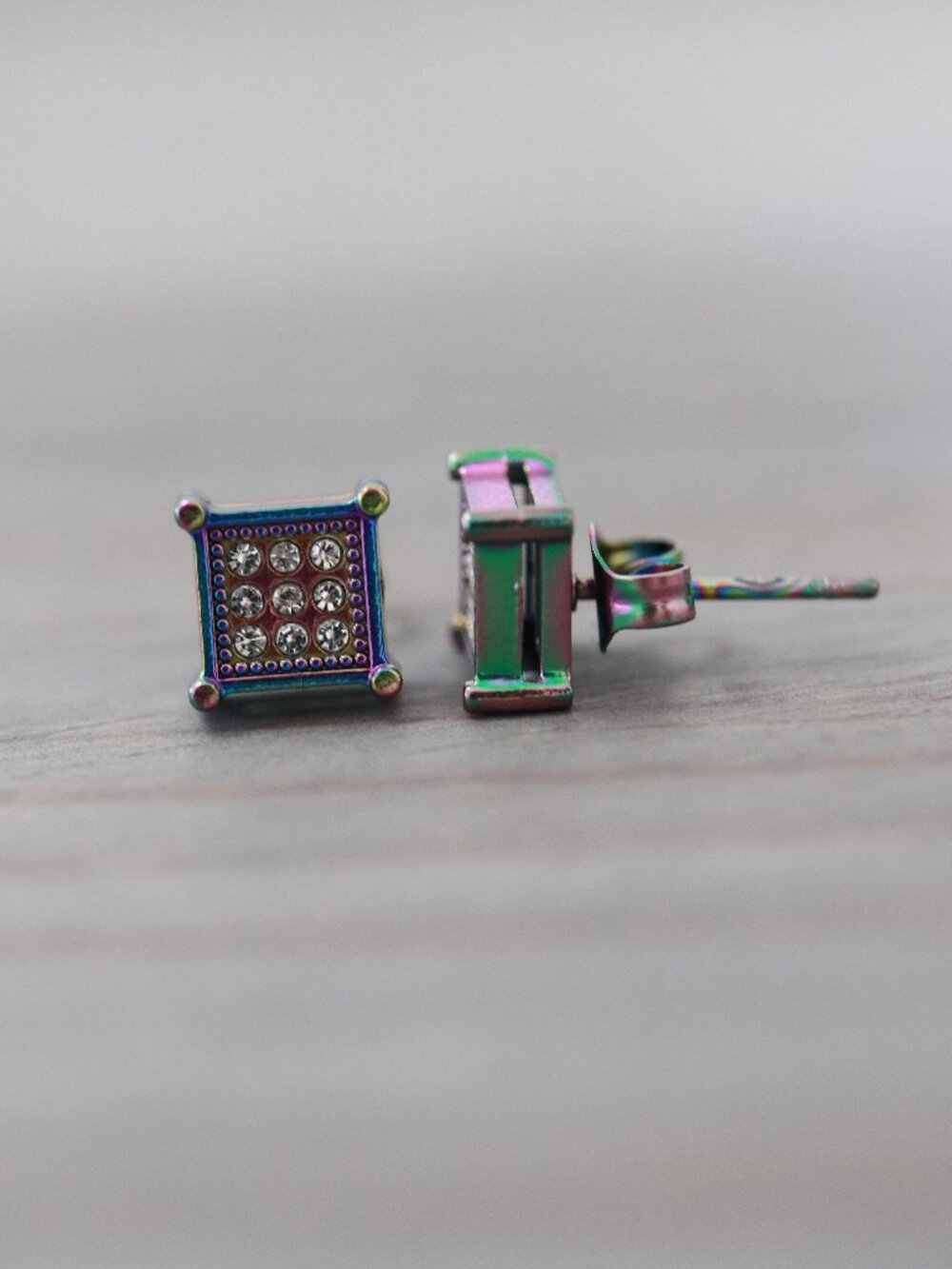7mm Square CZ Micro Pave Style 4-Prong Stud Earrings Multicolor Stainless Steel